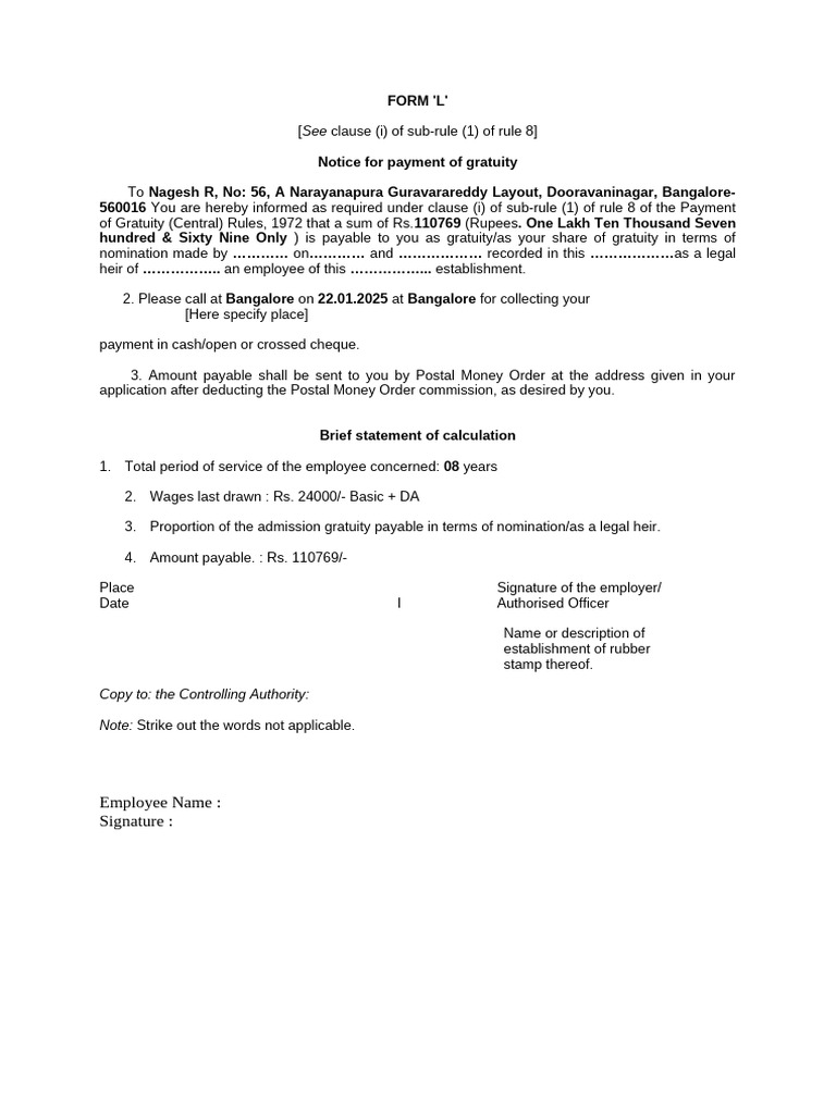 Gratuity Form 'L' Payment Notice | PDF