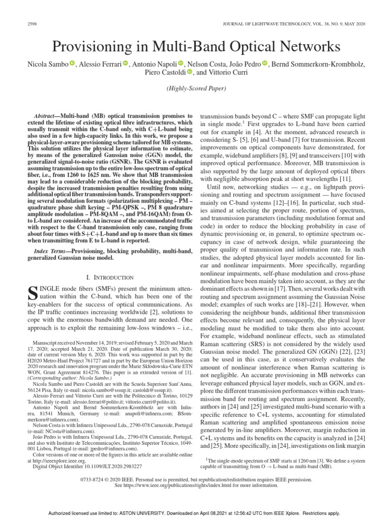 Provisioning in Multi Band Optical Netwo | PDF | Fiber Optic ...