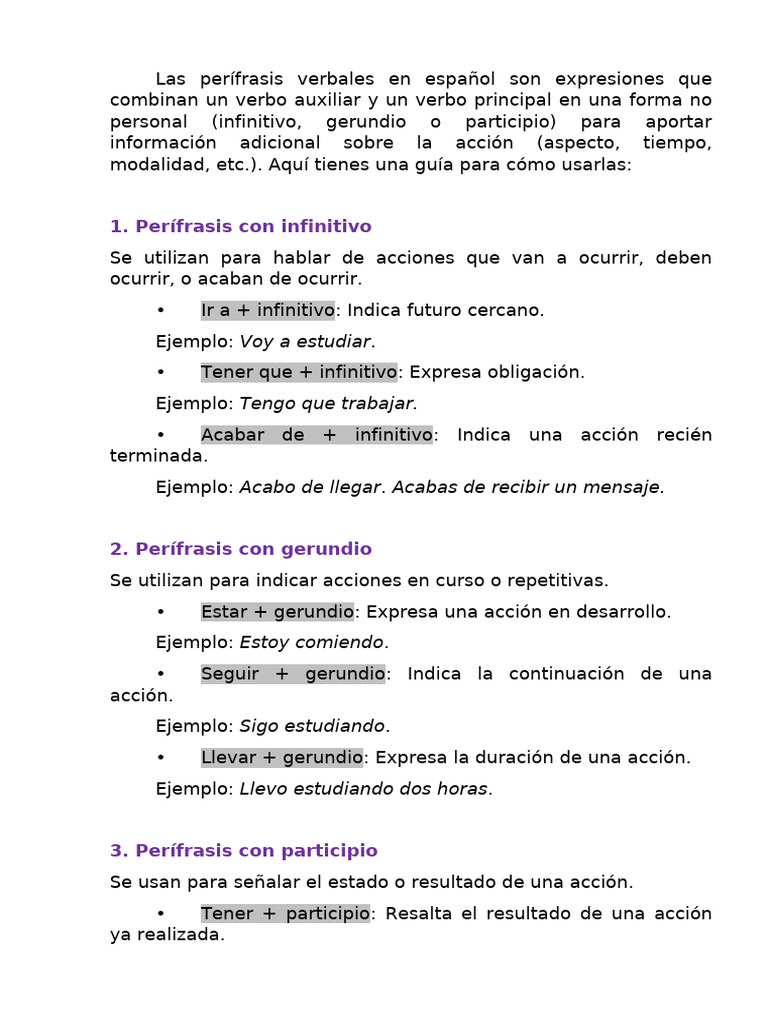 Las perífrasis verbales en español son expresiones que combinan un ...