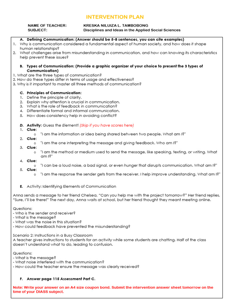 Intervention Plan Diass - 095504 | PDF | Communication | Teachers
