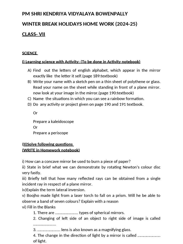 Class VII Winter Holidays Homework | PDF | Mirror | Light