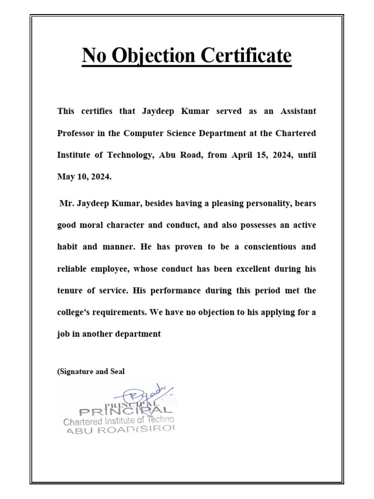 No Objection Certificate for Jaydeep Kumar | PDF
