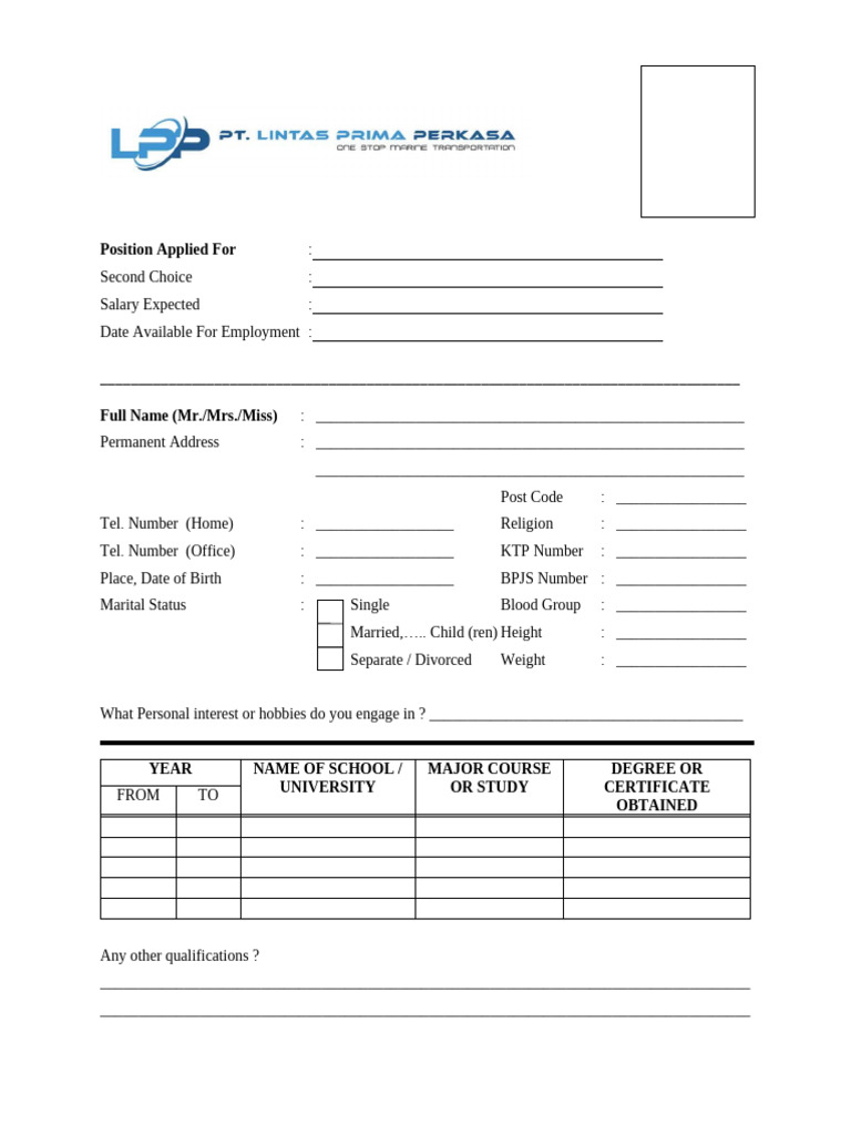 Application Form PT. LPP | PDF