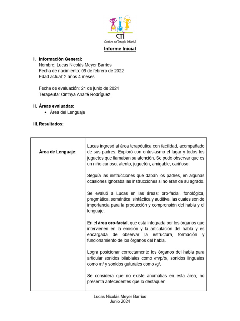 Informe Inicial Terapia Del Habla | PDF | Palabra | Aprendizaje