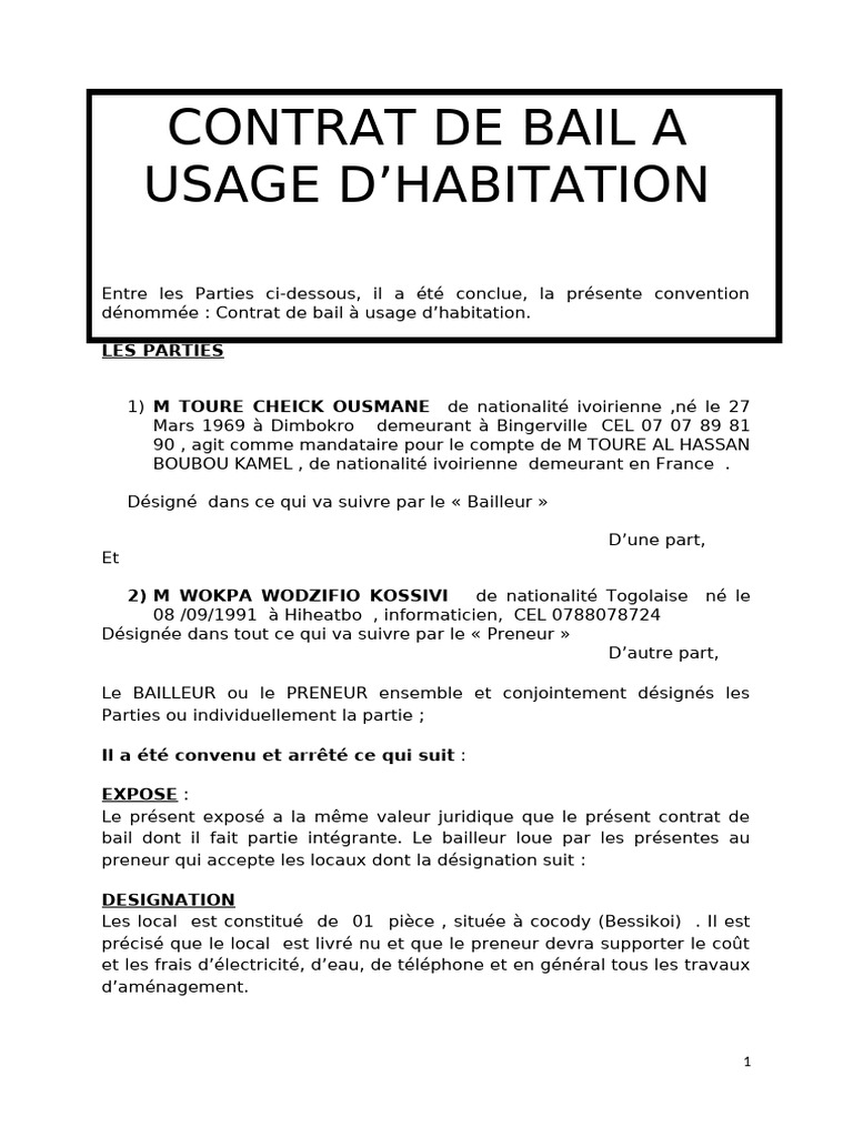 Contrat de bail habitation Côte d'Ivoire | PDF | Assurance | Droit des ...
