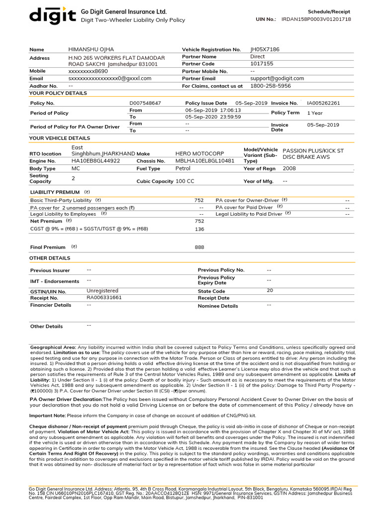 Digit Two-Wheeler Liability Policy Details | PDF | Insurance | Driver's ...