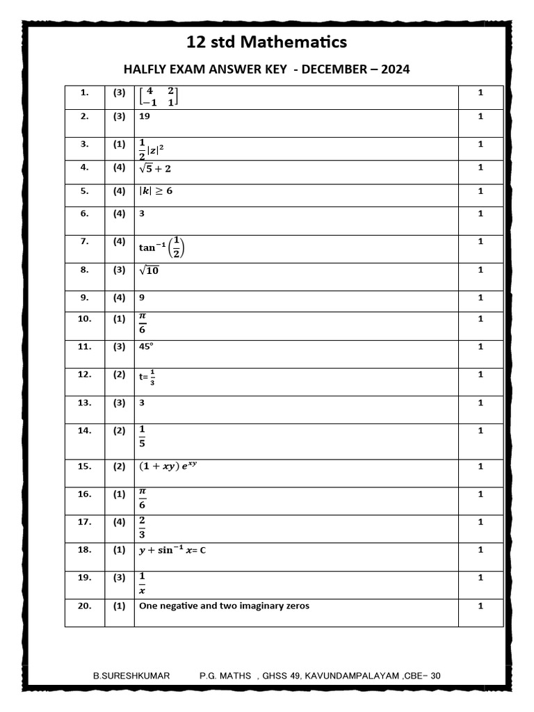 12th Std Half-Yearly Exam Key | PDF | Mathematics | Mathematical Analysis