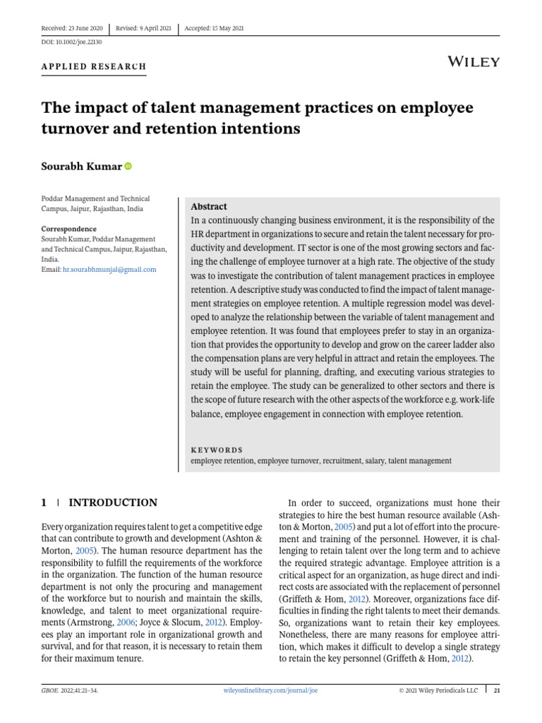Kumar S (2022) The Impact of Talent Management Practices On Employee ...