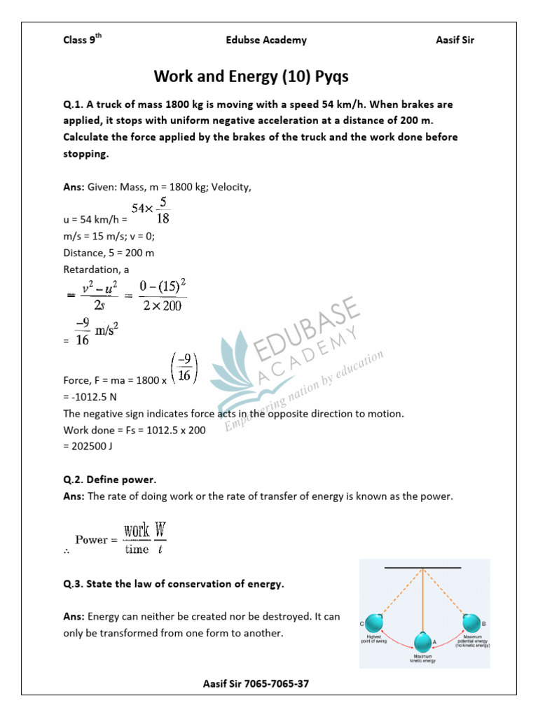 Work and Energy Class 9th Pyqs | PDF | Force | Kinetic Energy