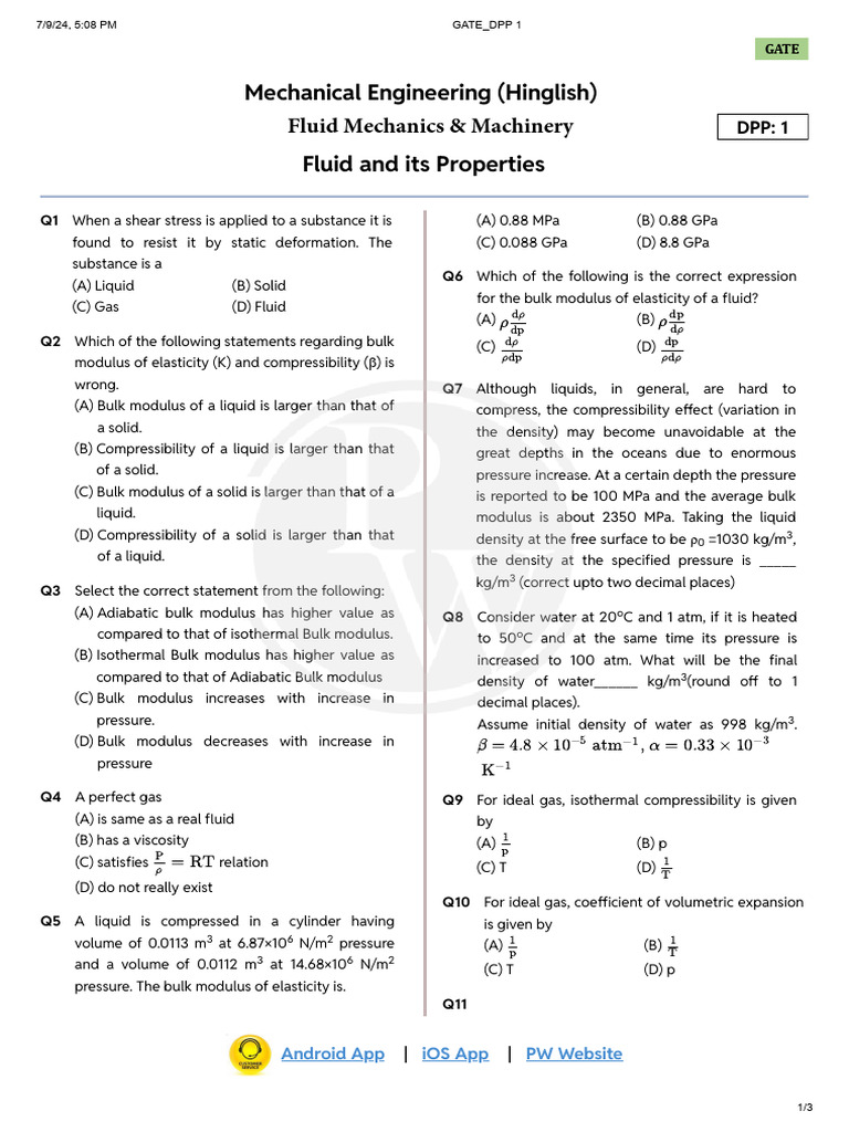 Gate Fluid Mechanics Practice Questions Pdf Liquids Elasticity