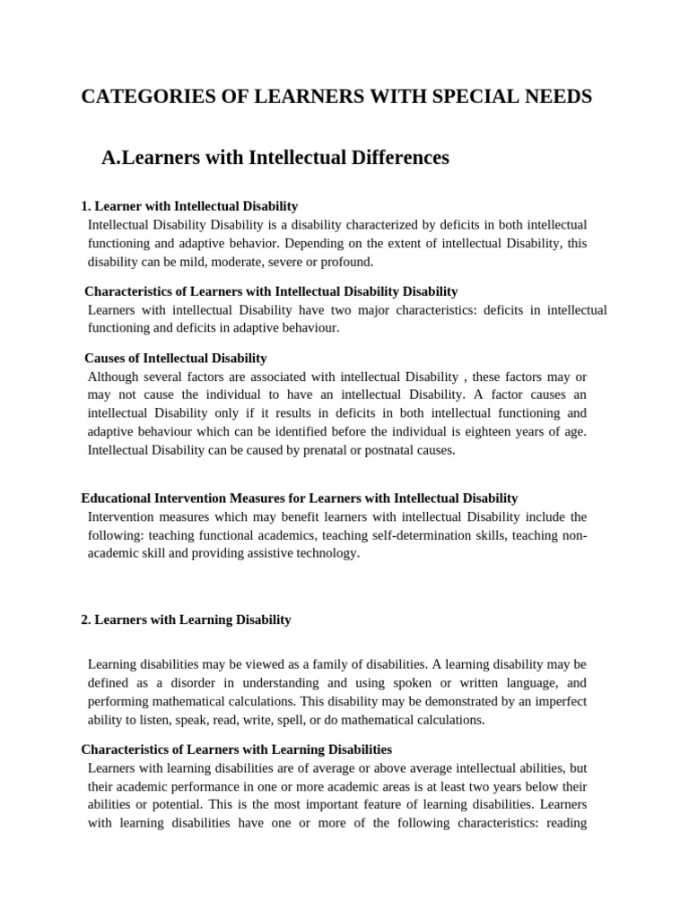 Special Needs Learners Overview | PDF | Autism | Intellectual Disability