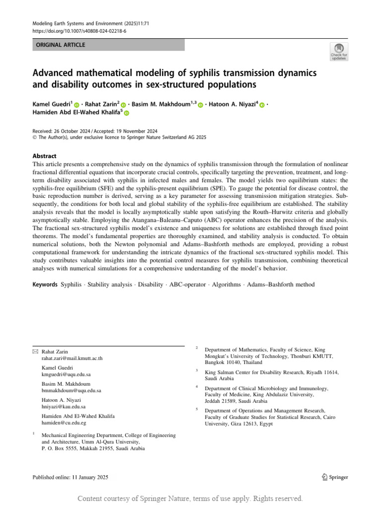 Advanced Mathematical Modeling of Syphilis Transmi | PDF | Stability ...