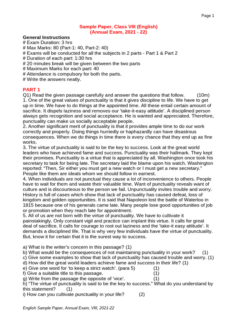 8th... English Sample Paper-1 | PDF