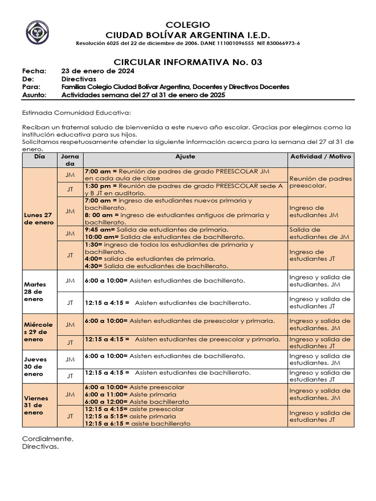 circular 03 enero 27_0 | PDF | Etapas educativas