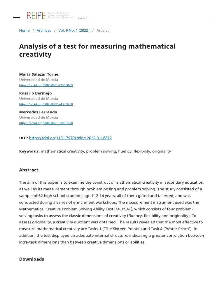 Analysis of A Test For Measuring Mathematical Creativity - Revista de ...