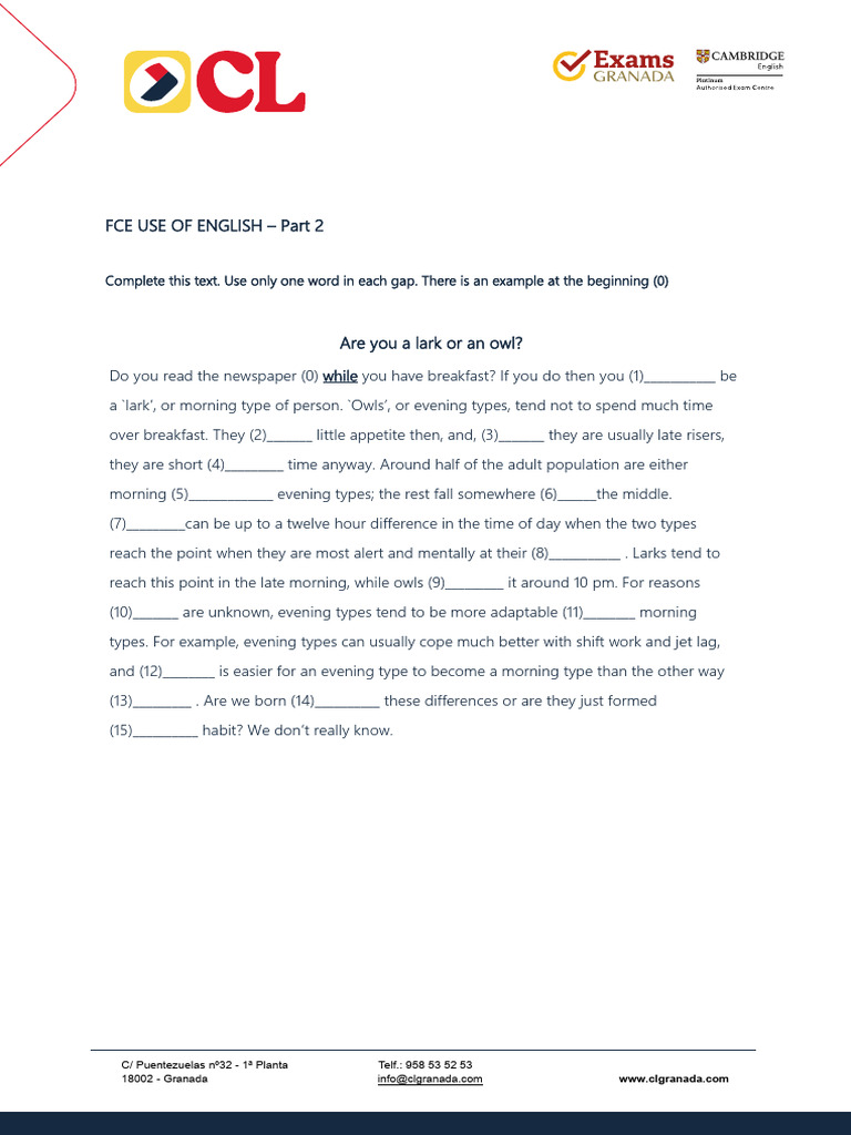 Fce Use Of English Gap Fill Exercise Pdf