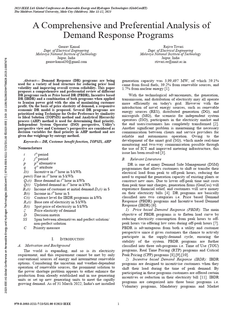 Demand Response Programs Analysis | PDF | Demand | Distributed Generation