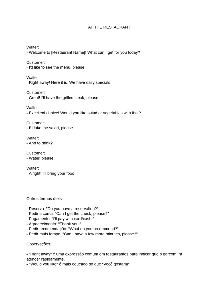 Restaurant Interaction Guide | PDF