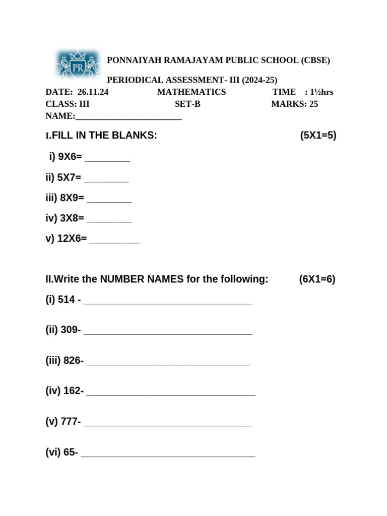 Class 3 Pa 3 Nov Set B | PDF