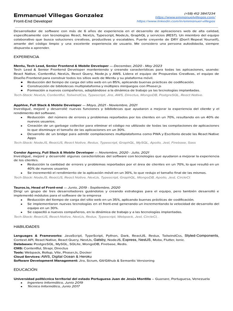 Emmanuel Villegas CV ESPAÑOL | PDF | Mi sql | Arquitectura de sistemas