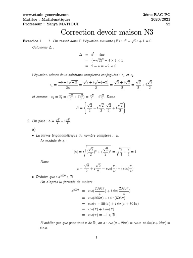 Correction Devoir Maison Mathématiques 2BAC | PDF | Géométrie ...