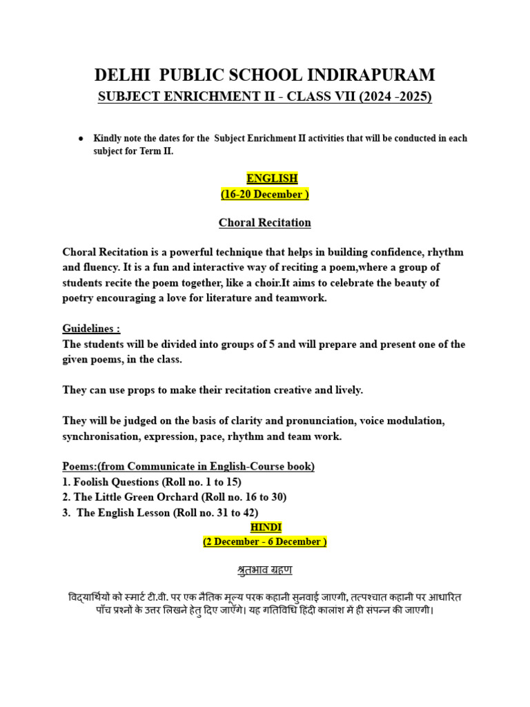 DPS Indirapuram Class VII Enrichment 2024-25 | PDF