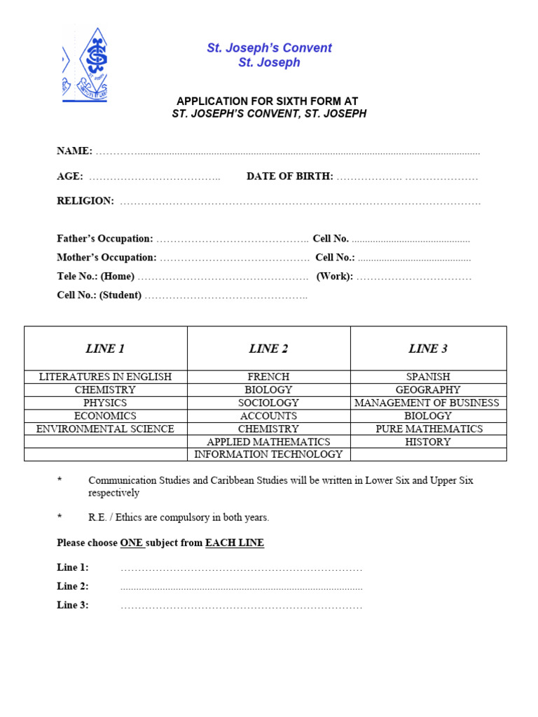 St. Joseph's Convent Form 6 Application | PDF | Mathematics