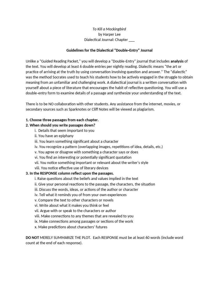 Dialectical Journal Guide for "To Kill a Mockingbird" | PDF | To Kill A ...