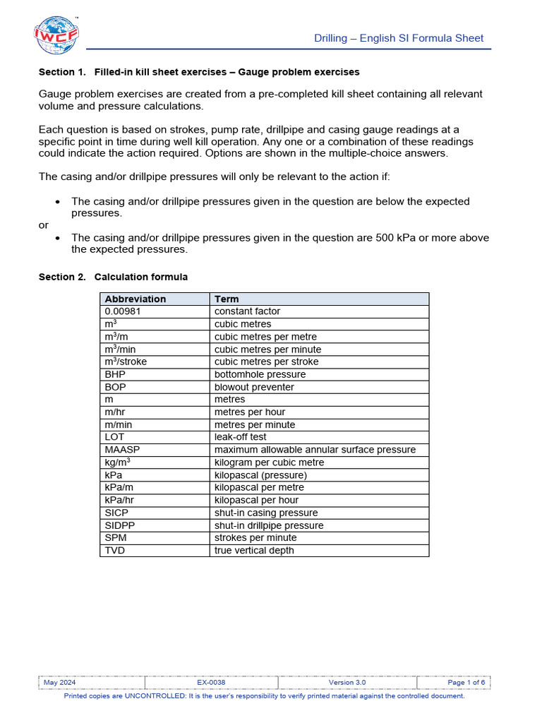 Drilling SI Formula Sheet for Operations | PDF | Pressure | Pascal (Unit)