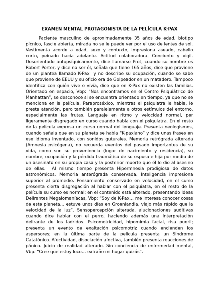 Examen Mental de Prot en K-PAX | PDF