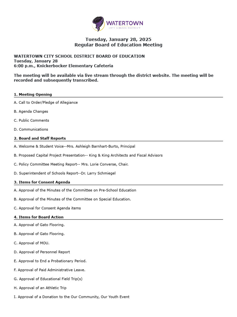 Watertown City School District Board of Education Agenda Jan. 28, 2025 ...
