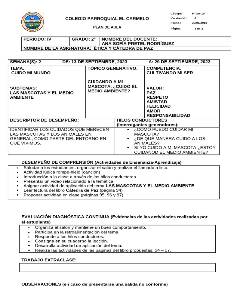 1-2. Ética - Plan de Clases - Grado Segundo - 2023 | PDF