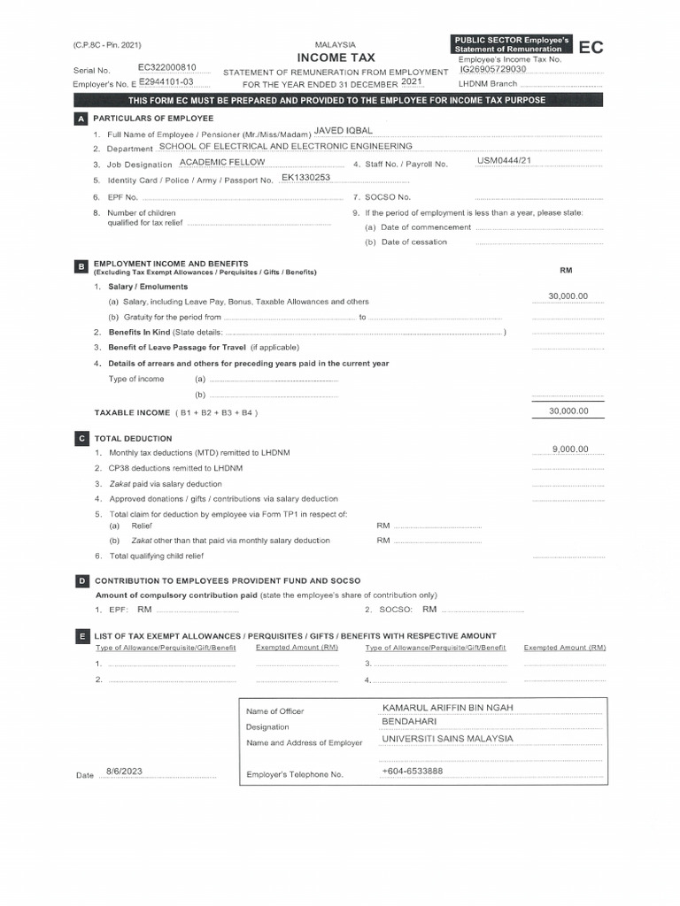 ECForm 2021 New Javed (21383) | PDF | Employee Benefits | Tax Deduction
