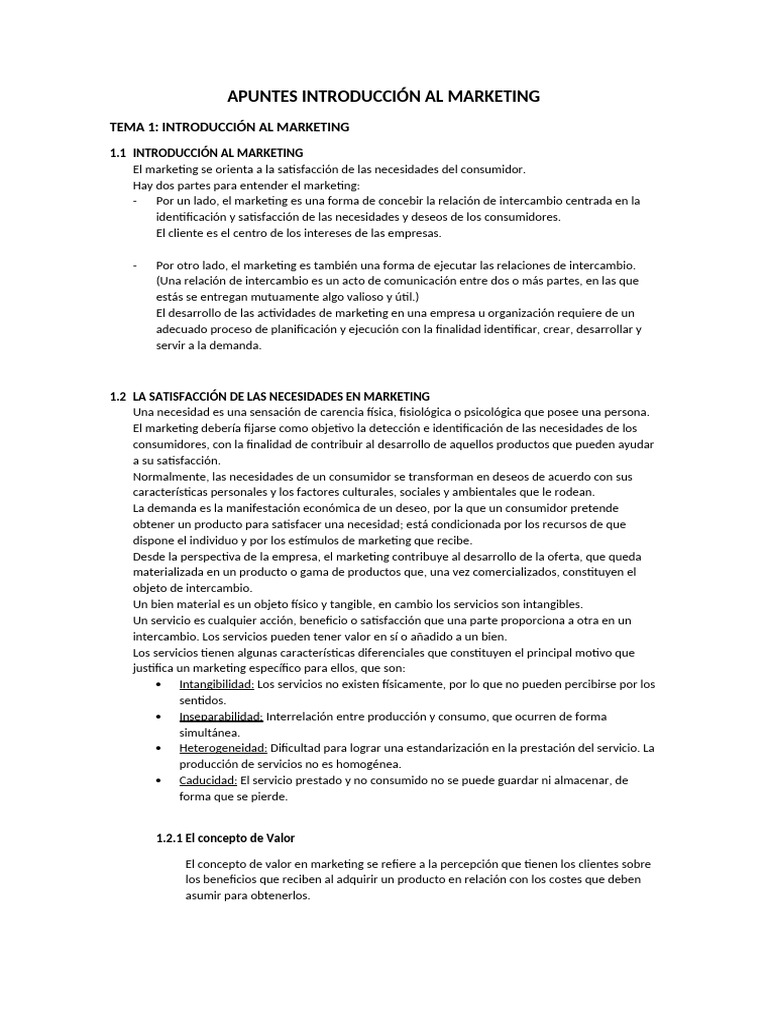 APUNTES INTRODUCCIÓN AL MARKETING Tema 1 | PDF | Marketing | Producto ...