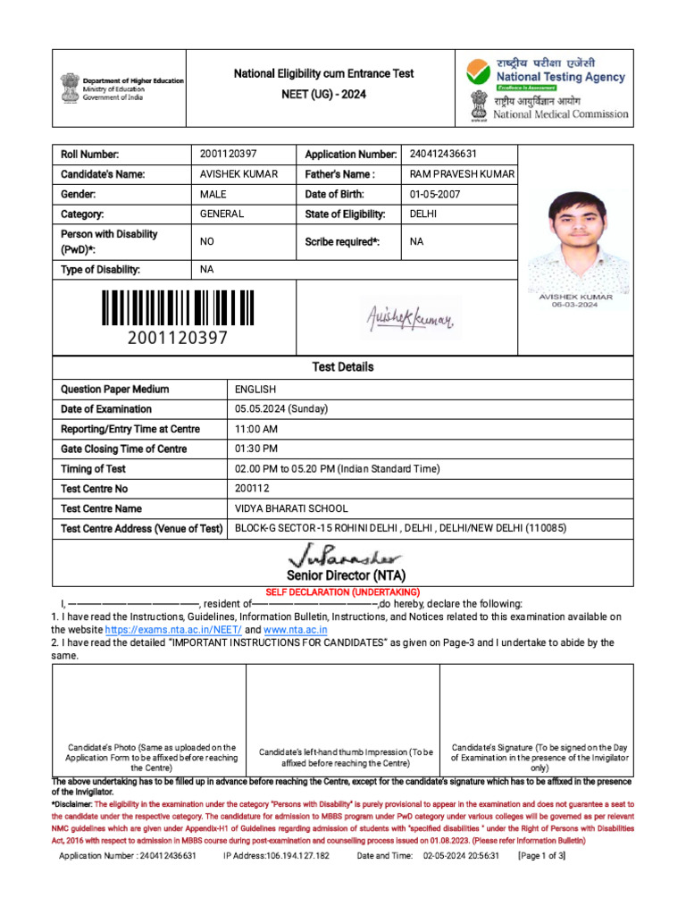 NEET UG 2024 Admit Card Details | PDF | Identity Document