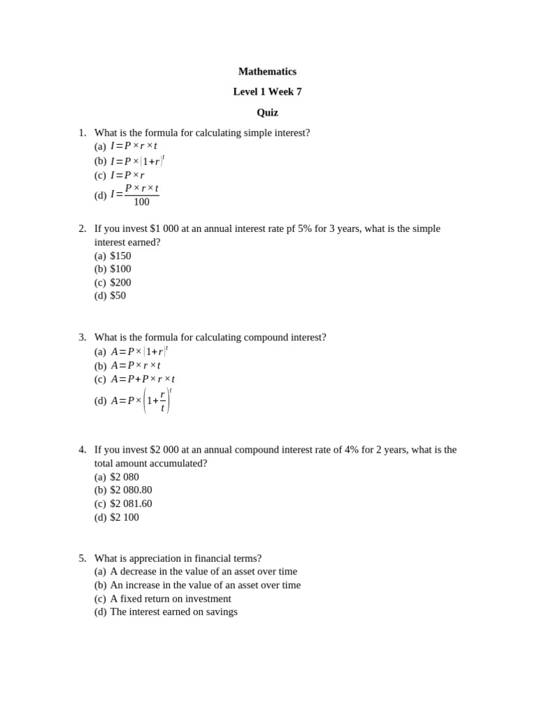 Week 7 Math Quiz: Interest & Tax Concepts | PDF