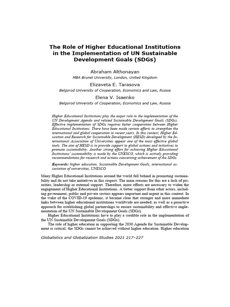 Role of Higher Institutions in Attaining Sustainable Development Goals ...