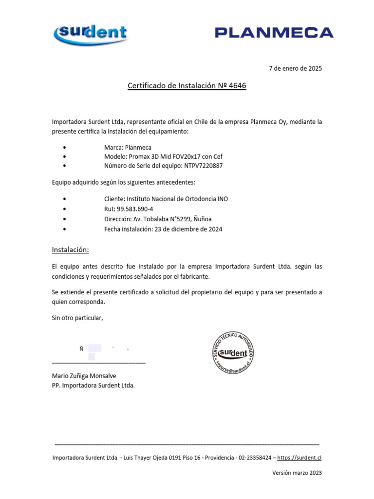 Certificado de Instalación Planmeca 3D | PDF
