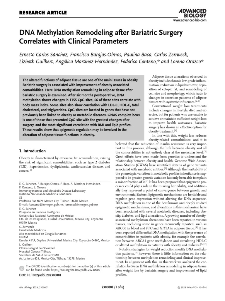 DNA Methylation Changes Post-Bariatric Surgery | PDF | Dna Methylation ...