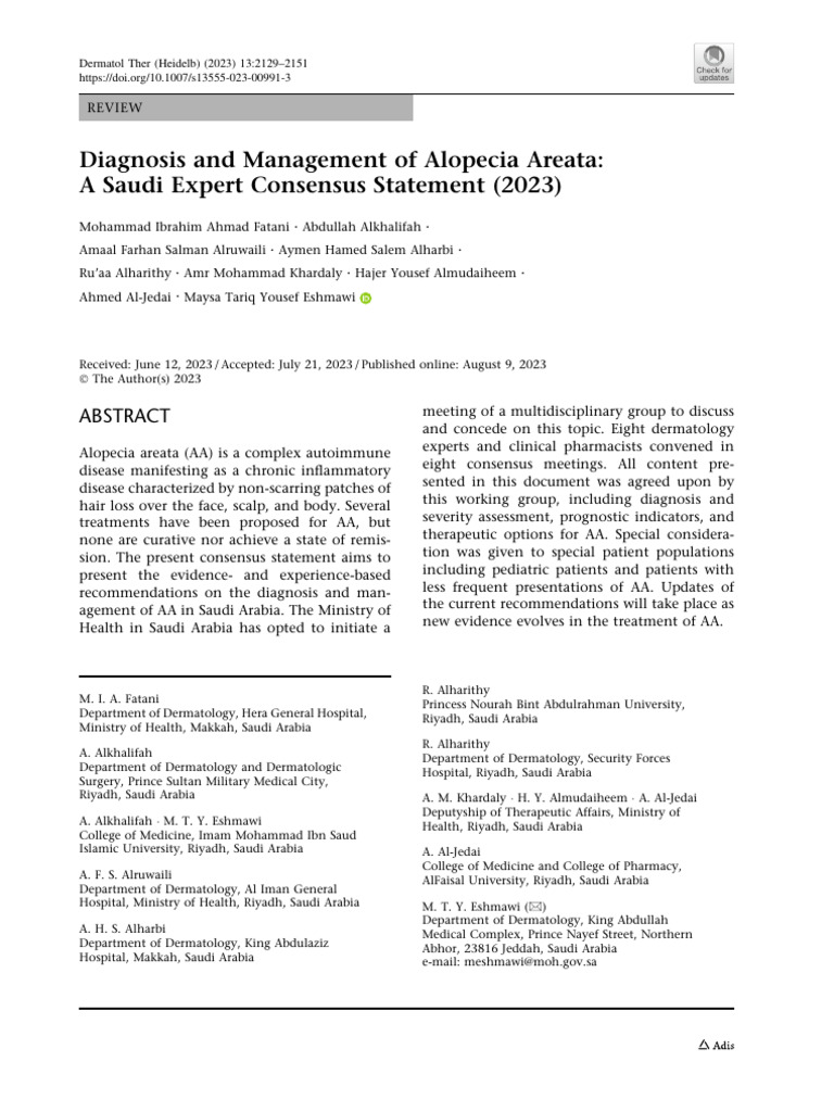 Diagnosis and Management of Alopecia Areata, A Saudi Expert Consensus ...