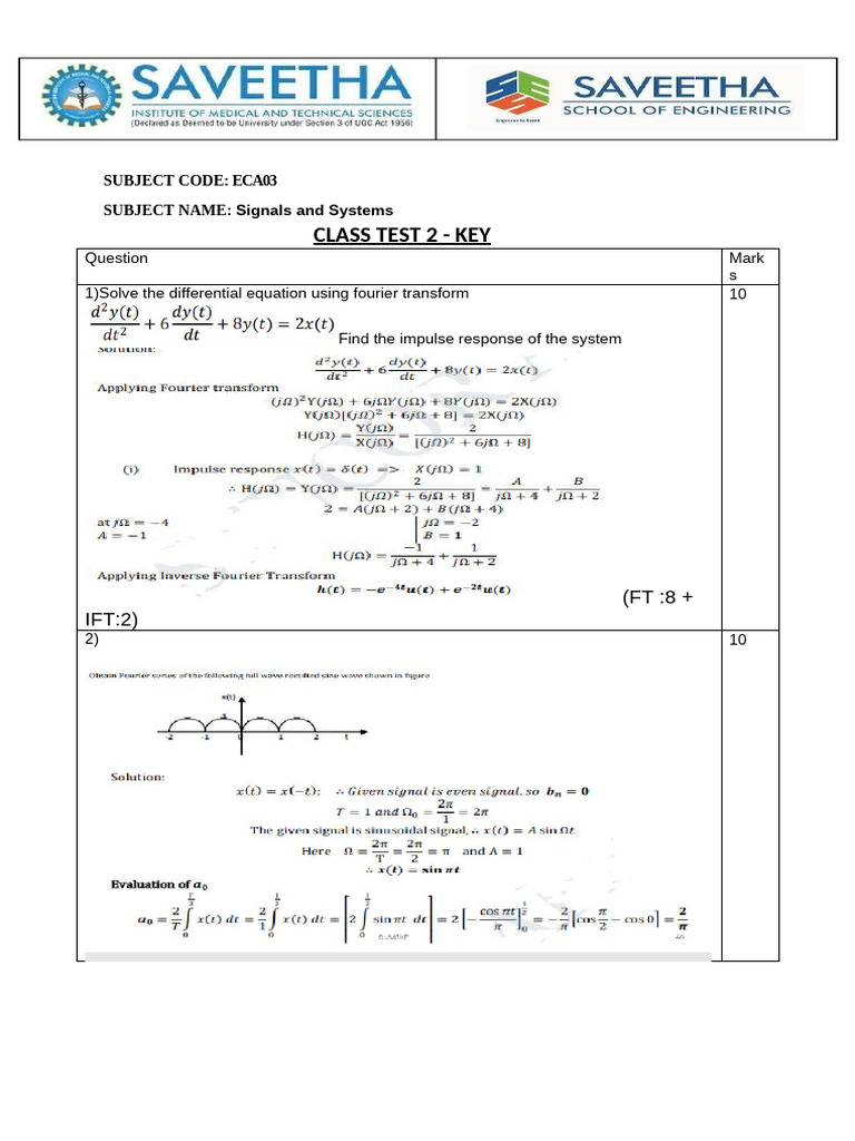 Signals and Systems Test Key Solutions | PDF