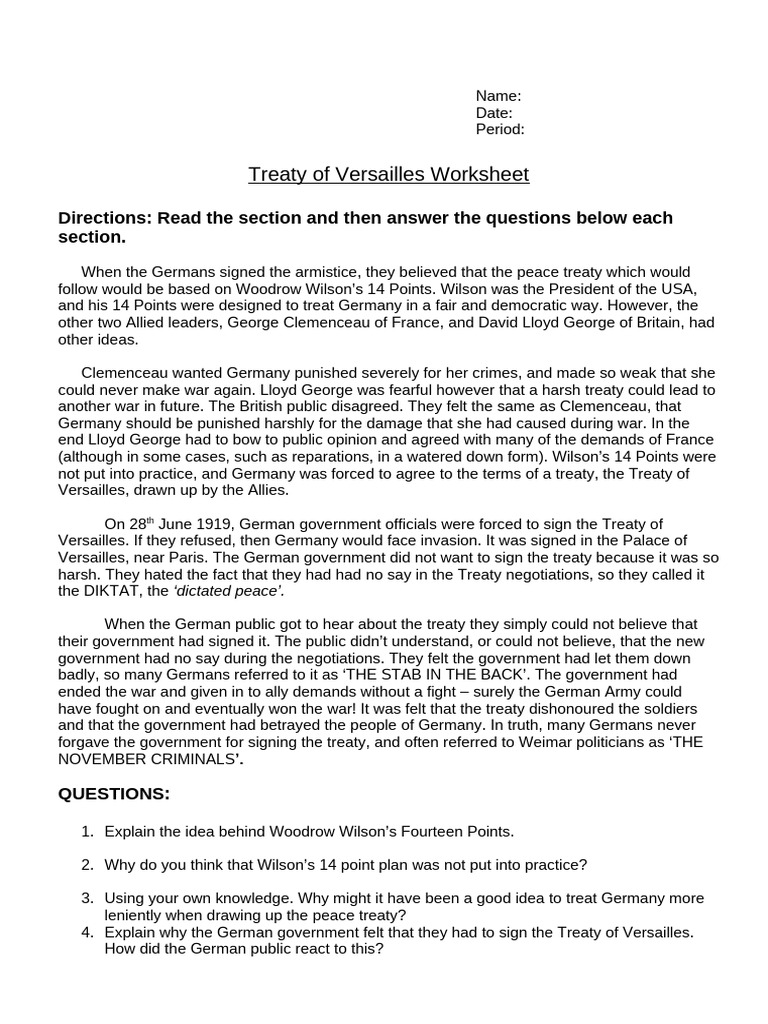 Treaty of Versailles worksheet | PDF | Treaty Of Versailles | Weimar