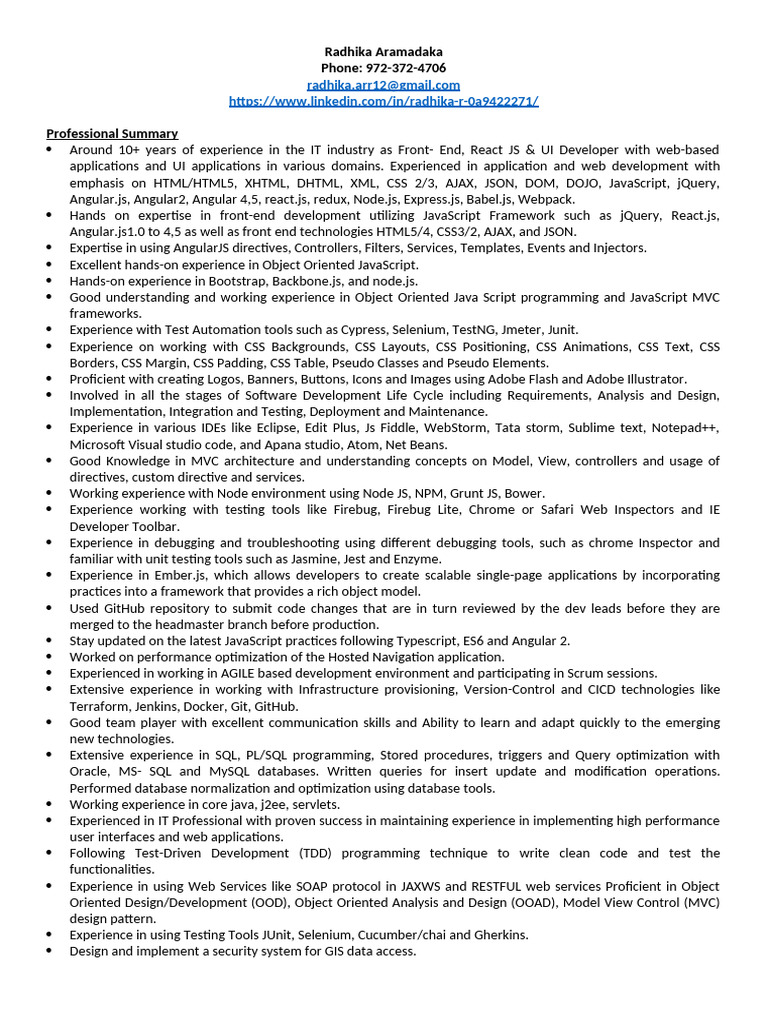 Front-End Developer Resume: React & Angular Expertise | PDF | Angular ...