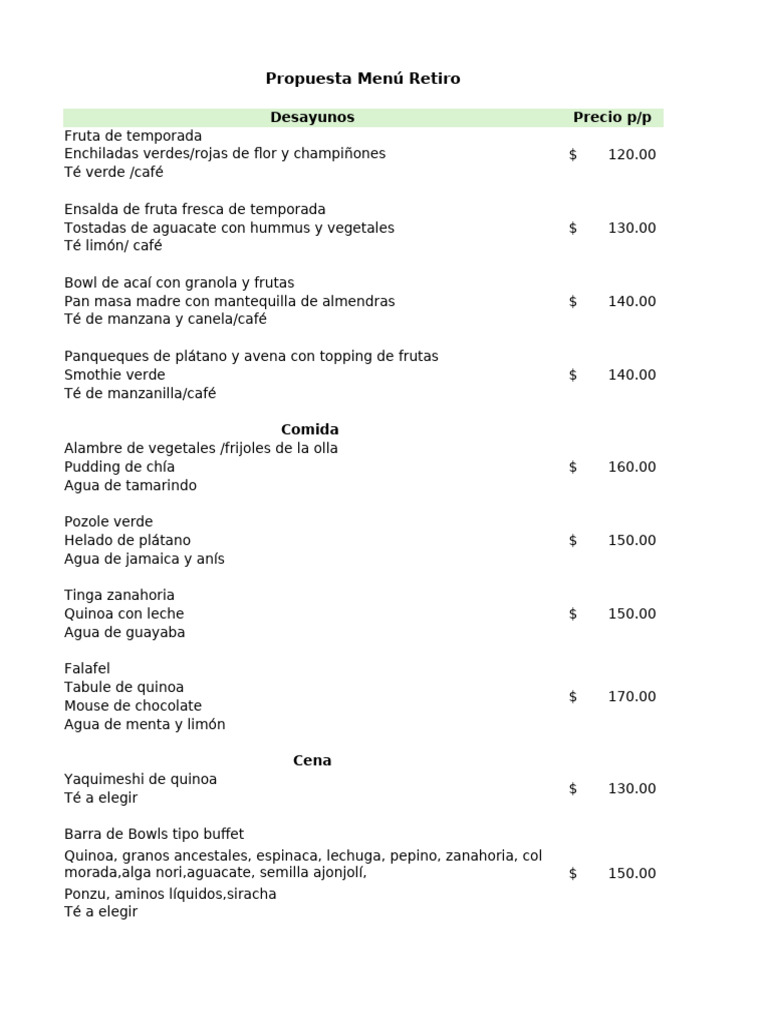 Menú Retiro | PDF