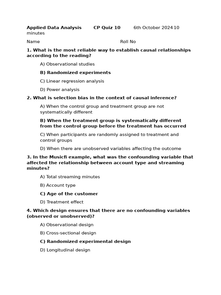 Causal Inference and Experimental Design Quiz | PDF | Experiment ...