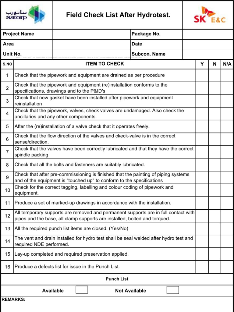 Check List After Hydrotest  Valve