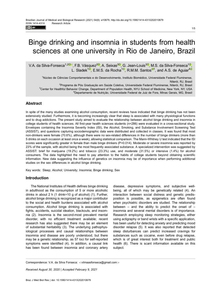 Binge Drinking and Insomnia in Students From Health | PDF | Alcoholism ...