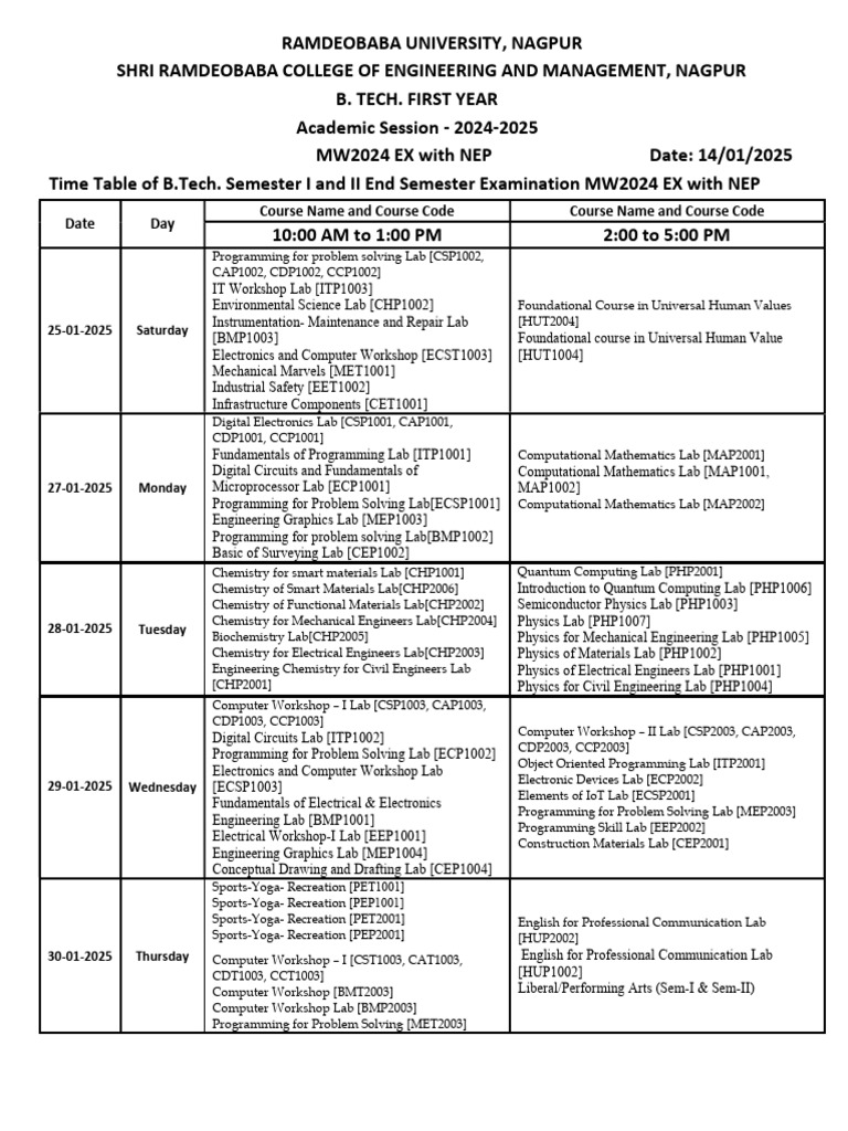 B.Tech First Year Exam Schedule 2024 | PDF | Electronics | Engineering