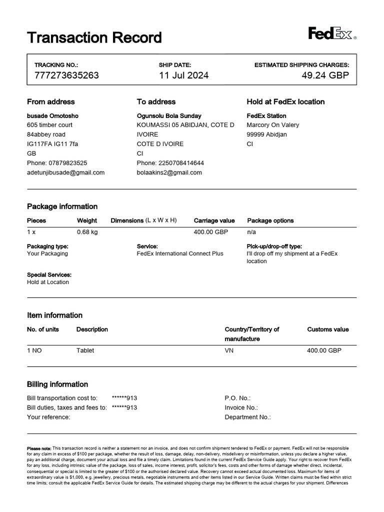 FedEx Transaction Record | PDF | Fee | Fed Ex