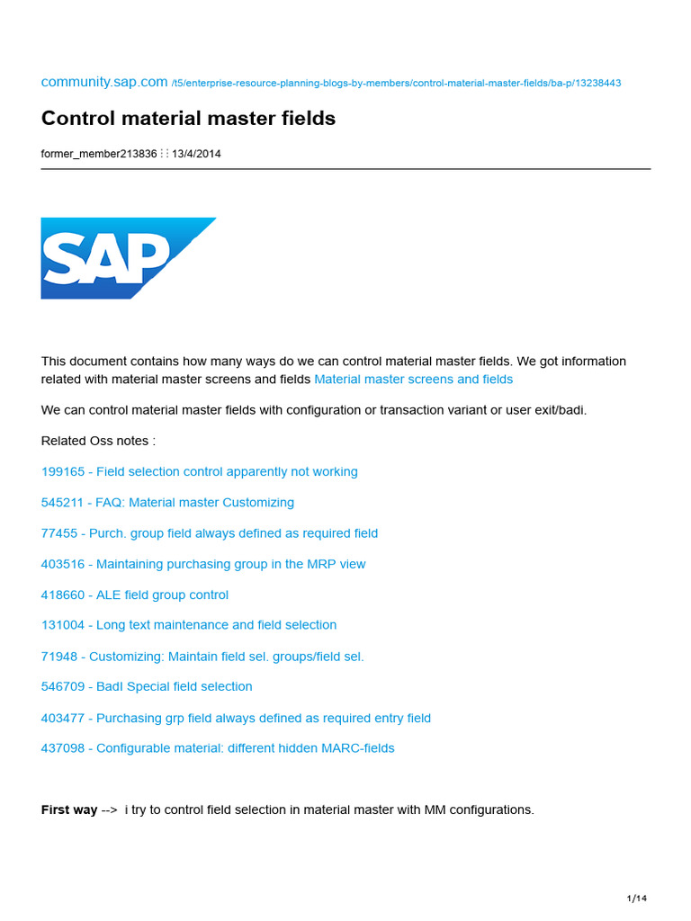 SAP Control Material Master Fields | PDF | Information Technology ...